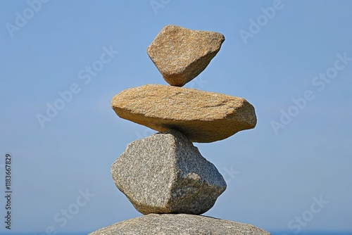 A close up of a meticulously arranged rock pile against a clear blue sky representing harmony and adventure photo