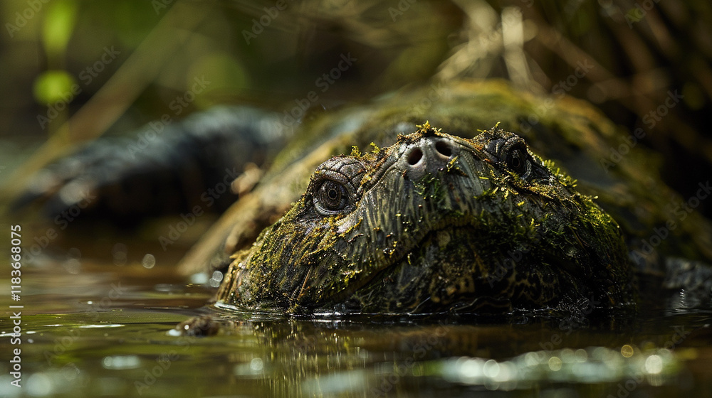 A close-up of a snapping turtle partially submerged in a pond, its textured shell covered in moss A close-up of a snapping turtle partially submerged in a pond, its textured shell covered in moss