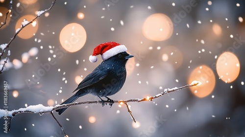 Festive black bird in Santa hat on snowy branch.