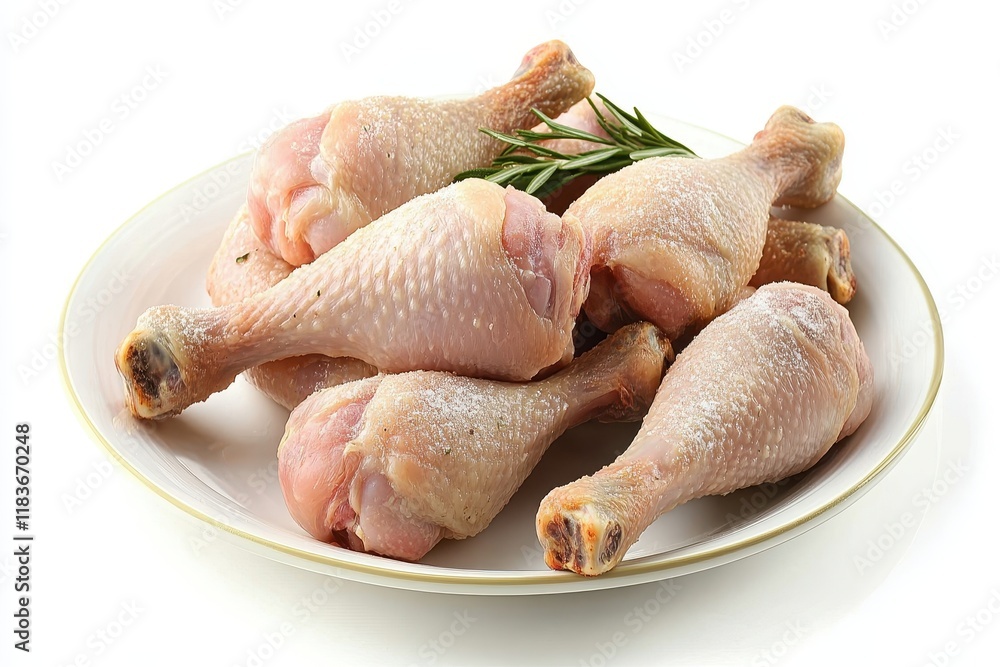 A plate of freshly baked chicken legs against a white backdrop A plate of freshly baked chicken legs against a white backdrop