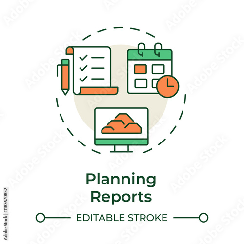 Planning reports multi color concept icon. Future manufacturing activities scheduling strategy. MRP output. Round shape line illustration. Abstract idea. Graphic design. Easy to use in booklet