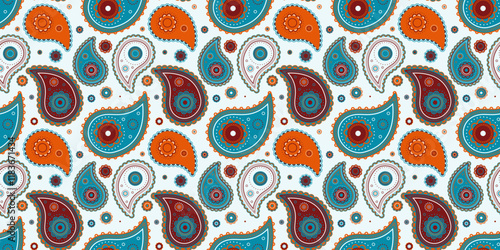 Vibrant paisley pattern in teal, orange, and maroon.  Perfect for textile design, wallpaper, or fashion projects.  Bold, intricate details create a rich, ethnic-inspired aesthetic.