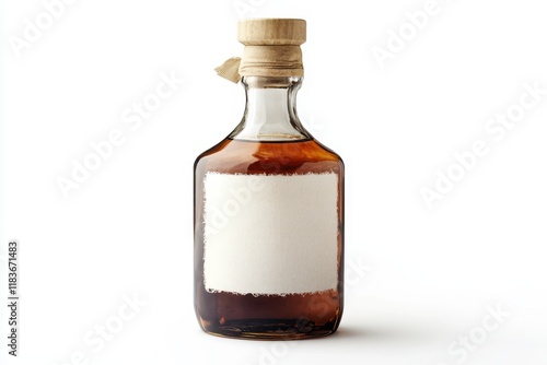 A standard brown glass Shochu bottle featuring a plain label set against a white background photo