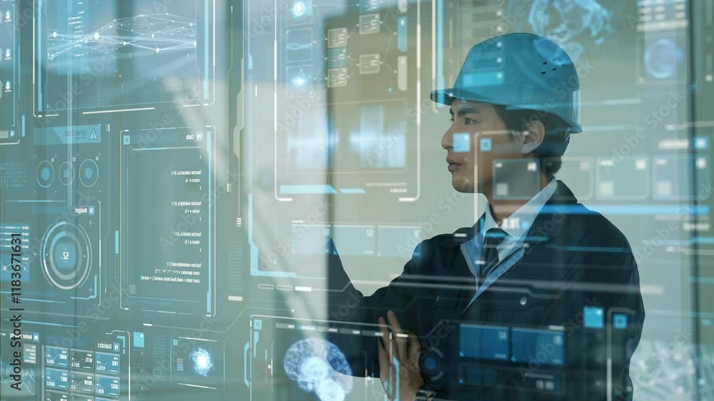 engineer, worker, dx, digital, screen, data, control panel, management, safety, monitoring, factory, manufacturing, construction, industry, gui, hud, vr, interface, hologram, transformation, future, h