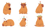 A set of flat vector illustrations in a simple children's style. Cute capybaras in different poses, meditates, wearing sunglasses, office worker and others . Vector illustration