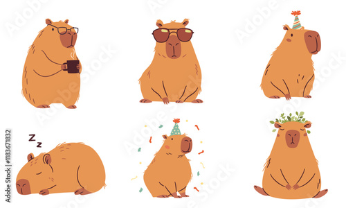 A set of flat vector illustrations in a simple children's style. Cute capybaras in different poses, meditates, wearing sunglasses, office worker and others . Vector illustration