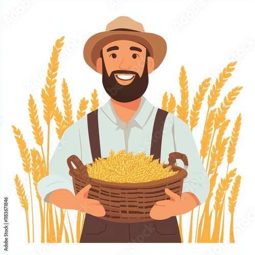 Vector graphics, flat style, white background. A smiling farmer holds a basket of golden wheat ears against a backdrop of green fields and tall grain stalks.  photo