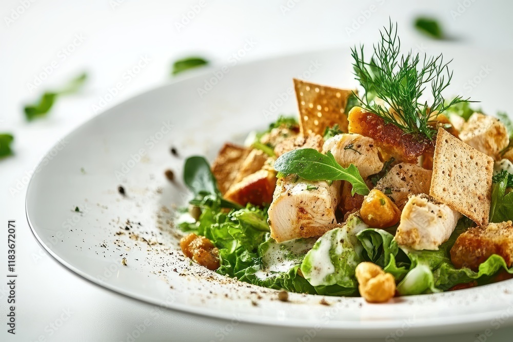 A tasty chicken salad with crackers and herbs presented on a white plate A tasty chicken salad with crackers and herbs presented on a white plate
