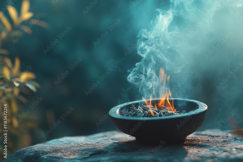A tranquil image of a sage burning ritual with smoke ascending representing purification and spiritual renewal