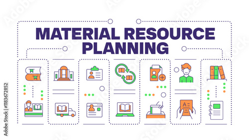 Material resource planning word concept isolated on white. Industrial manufacturing regulation. Creative illustration banner surrounded by editable line colorful icons. Hubot Sans font used