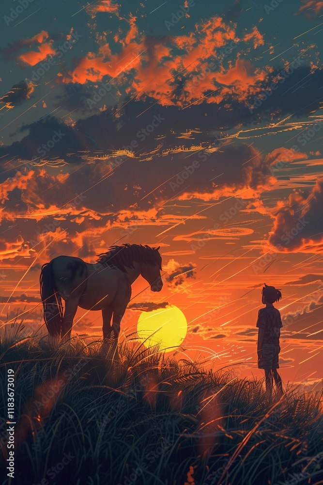 Fototapeta premium A serene sunset scene featuring a child and a horse atop a grassy hill against a vibrant sky.