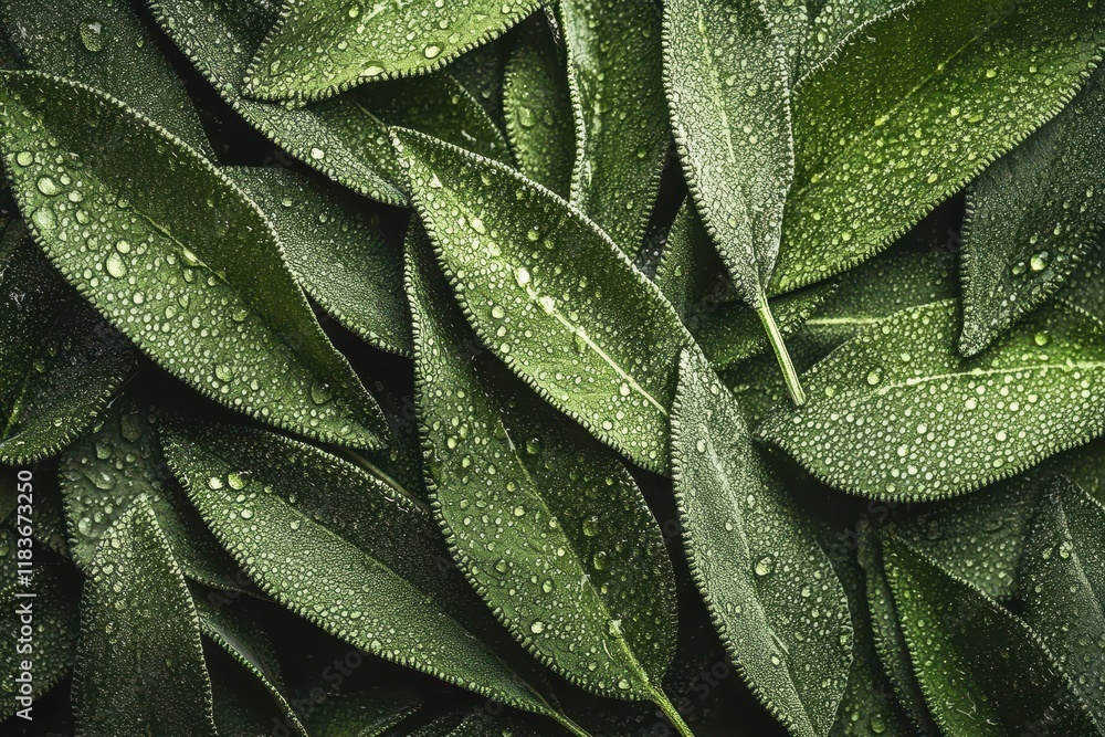 Fototapeta premium Abstract background of sage leaves with water droplets viewed from above