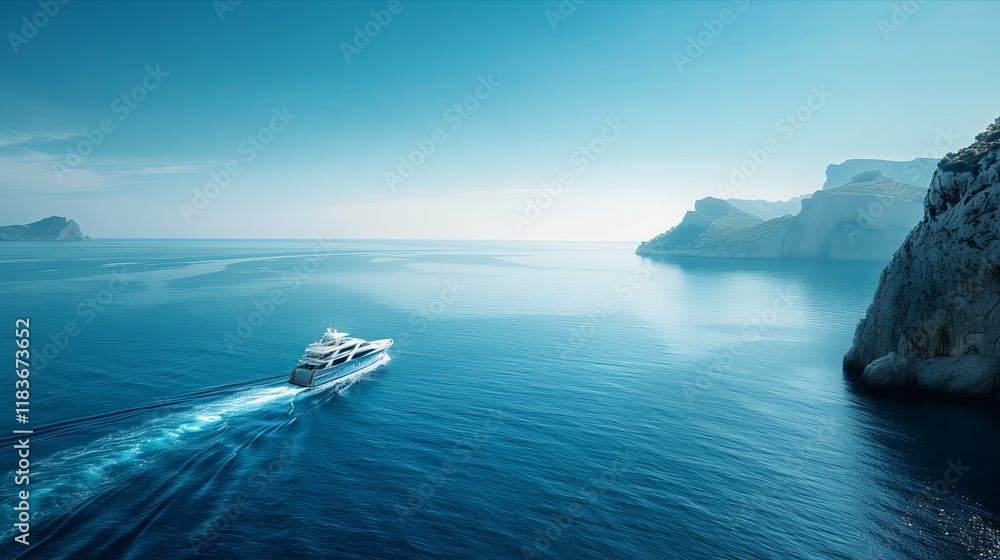 A serene view of a yacht cruising through calm blue waters near dramatic cliffs under a clear sky. A serene view of a yacht cruising through calm blue waters near dramatic cliffs under a clear sky.