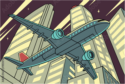 A futuristic airplane with a sleek, metallic body and glowing blue engines, hovering above a high-tech cityscape vector illustration