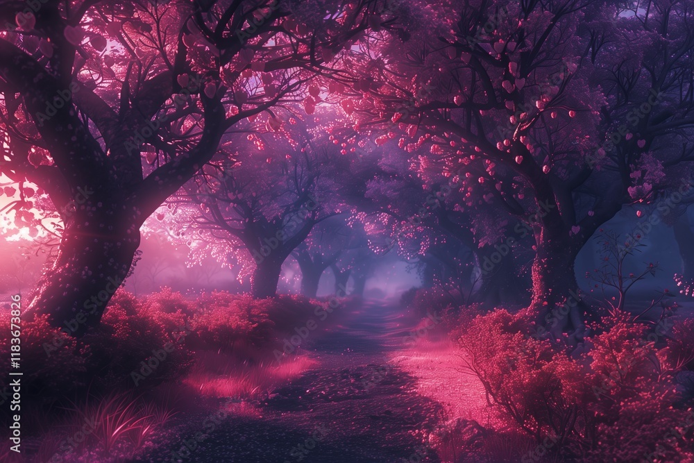 A serene, enchanting forest pathway illuminated by mystical pink hues and fog, inviting exploration and tranquility. A serene, enchanting forest pathway illuminated by mystical pink hues and fog, inviting exploration and tranquility.
