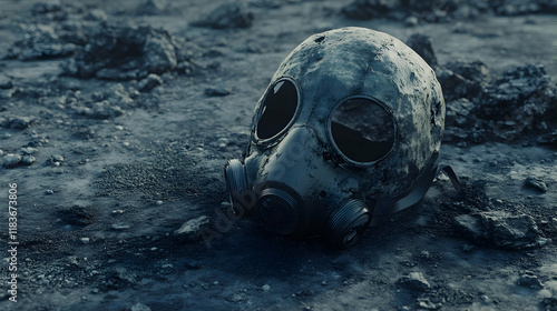 A weathered gas mask lies half-buried in the dark, polluted earth of a desolate wasteland, a haunting symbol of environmental devastation and lost lives photo