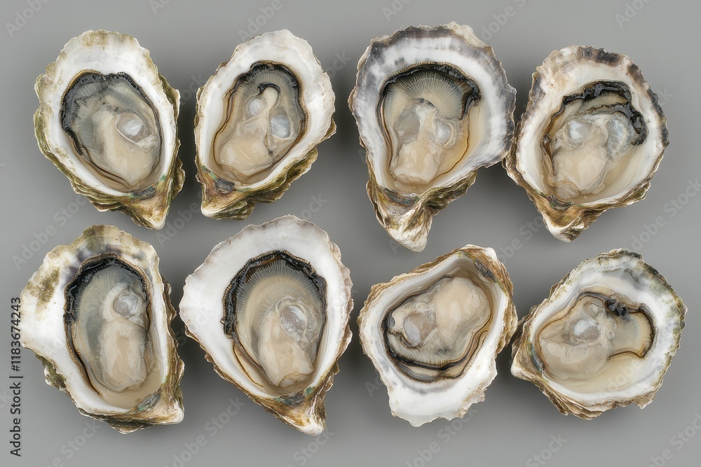 Aerial view of open oysters on a gray table Fresh seafood for a gourmet French dinner Vertical layout Aerial view of open oysters on a gray table Fresh seafood for a gourmet French dinner Vertical layout