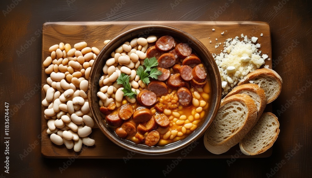 Savory Cassoulet in a Bowl Surrounded by White Beans, Bread, and Garnish in France Cuisine Savory Cassoulet in a Bowl Surrounded by White Beans, Bread, and Garnish in France Cuisine