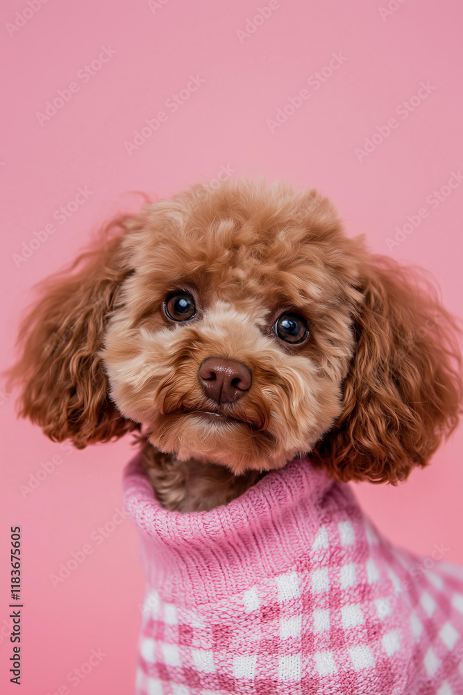cute brown Maltipoo poodle dog wearing a stylish pink checkered sweater, looking curiously into the camera. The dog’s fur is soft and fluffy, with the cute face and bright eyes drawing attention.