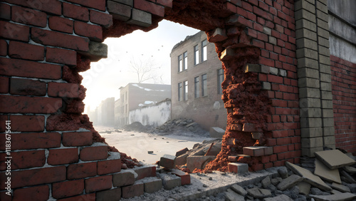 Broken brick wall, large hole, crumbling bricks, jagged edges, exposed white background, textured red bricks, architectural decay, destruction, urban decay, weathered masonry, construction debris, photo