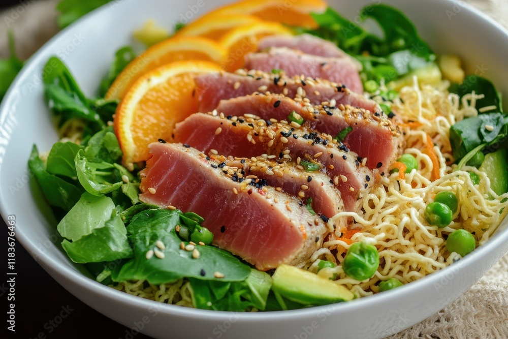 Asian style seared tuna salad with oranges and crispy noodles Asian style seared tuna salad with oranges and crispy noodles