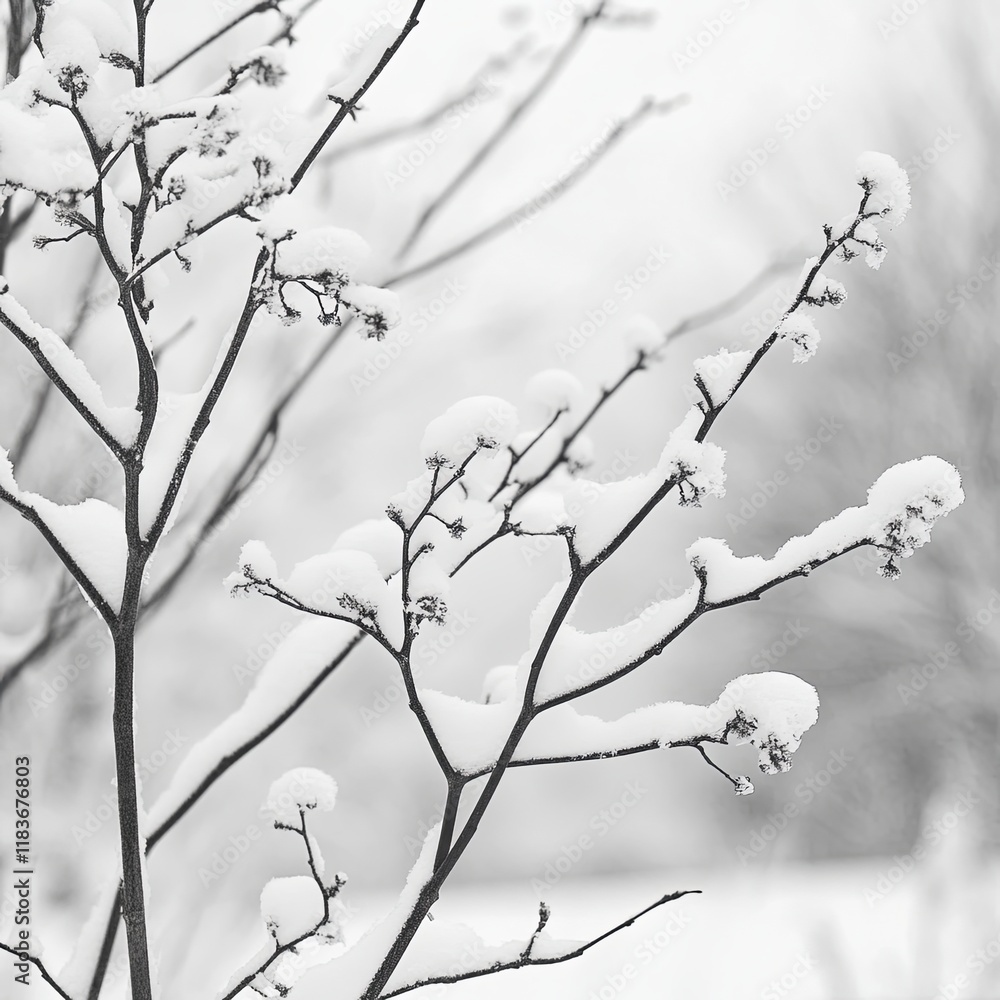 Dry branches of plants covered with snow during snowfall Dry branches of plants covered with snow during snowfall