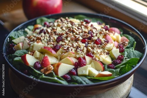 Autumn spinach salad with apples walnuts cheese and cranberries photo