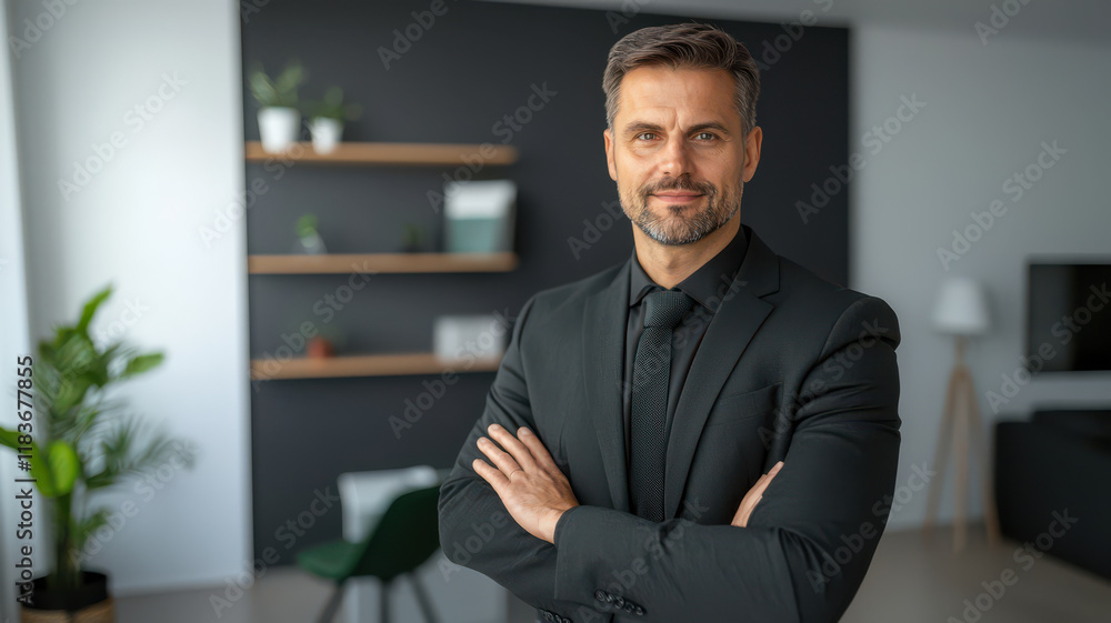 Fototapeta premium Professional man in black suit with arms crossed in modern office