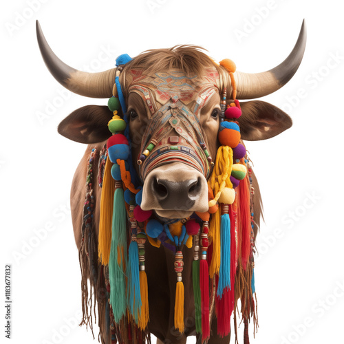 a bull decorated with colorful tassels isolated on a transparent background photo