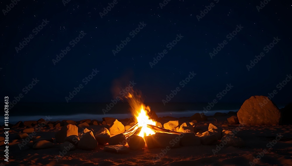 Nighttime Beach Bonfire Burning Bright Under Starry Sky Nighttime Beach Bonfire Burning Bright Under Starry Sky