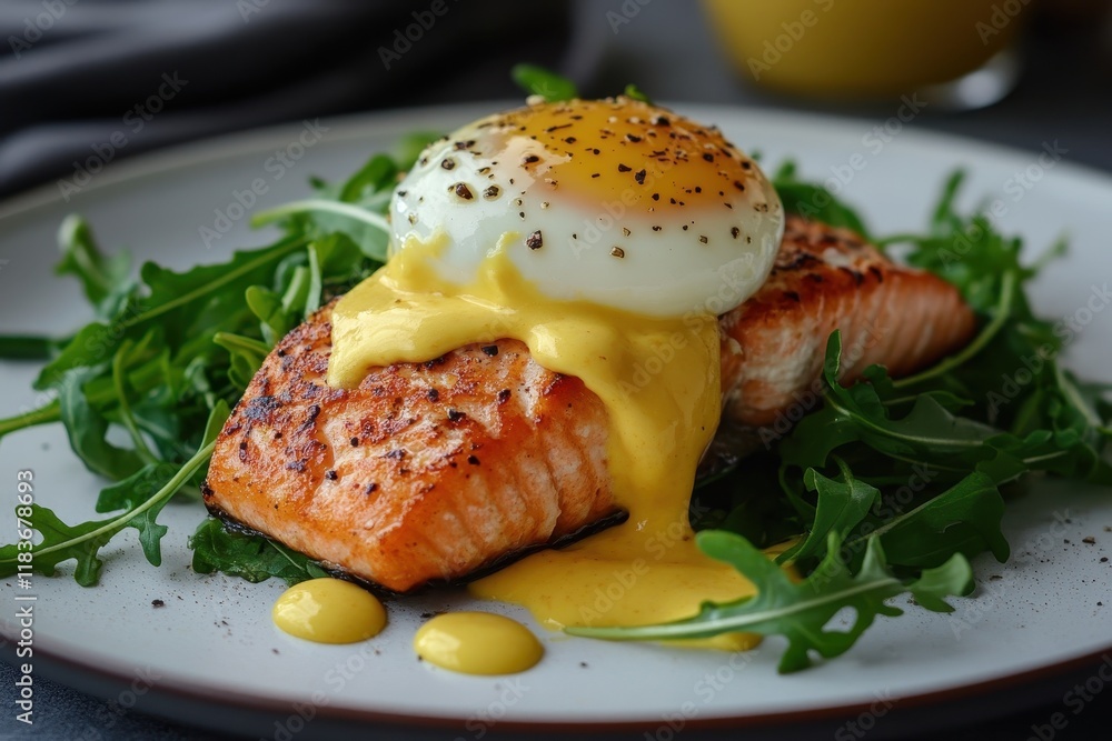 Benedict egg and arugula topped with salmon Benedict egg and arugula topped with salmon