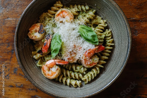 Bird s eye view of delicious homemade Italian pasta with grilled shrimp pesto parmesan and basil in a ceramic bowl on a rustic wooden table photo