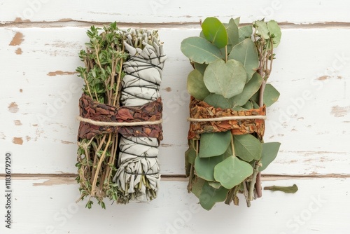 Bird s eye view of two smudge sticks with sage yerba santa and eucalyptus on a healing pouch atop white wood photo