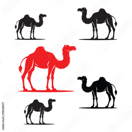 camel in desert set vector silhouette black and red color on white background. 