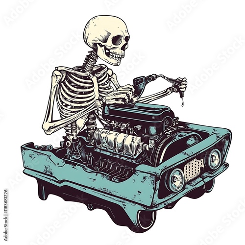 Skeleton repairing vintage car engine photo