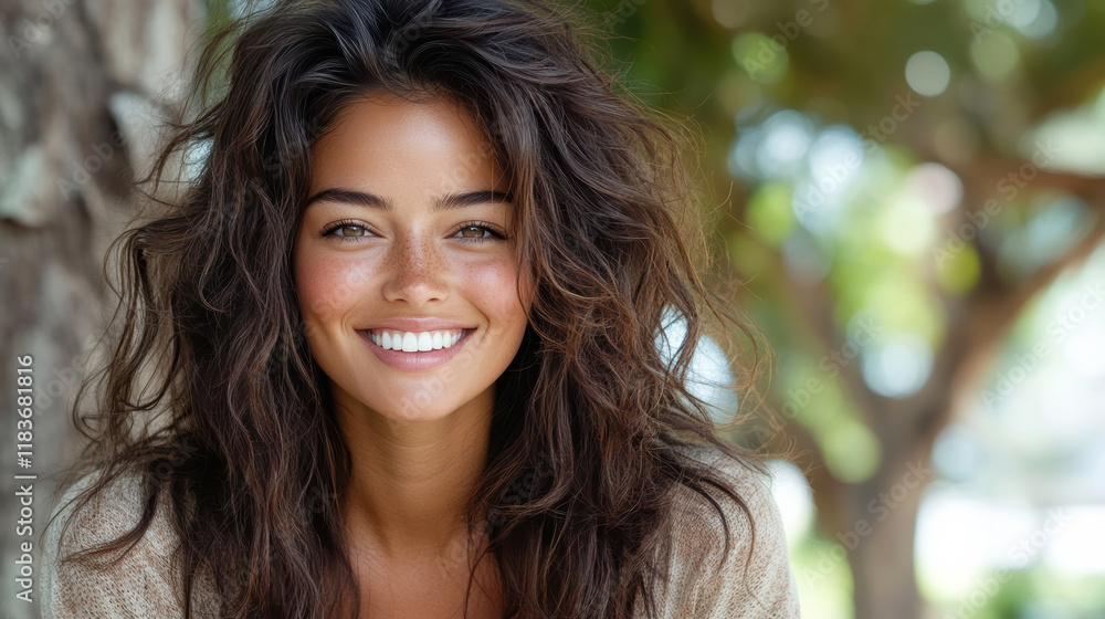 Smiling woman with long, wavy hair in natural outdoor setting Smiling woman with long, wavy hair in natural outdoor setting