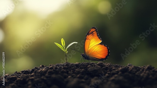 Butterfly lands on a sprouting seedling growing from a cracked stone, symbolizing resilience and growth in challenging business environments