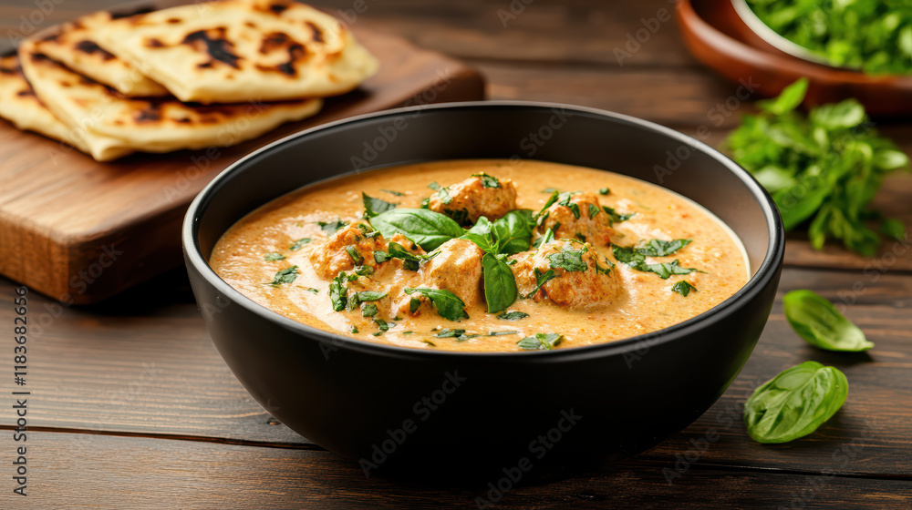 Creamy chicken curry with herbs served in black bowl, delicious and inviting Creamy chicken curry with herbs served in black bowl, delicious and inviting