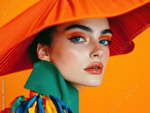 Fashion-forward studio shot, subject posing with bold colors and sharp contrasts, strong individuality photo