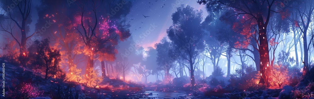 Fototapeta premium A surreal forest landscape with vibrant colors, showcasing mysterious trees and captivating atmospheric lighting.