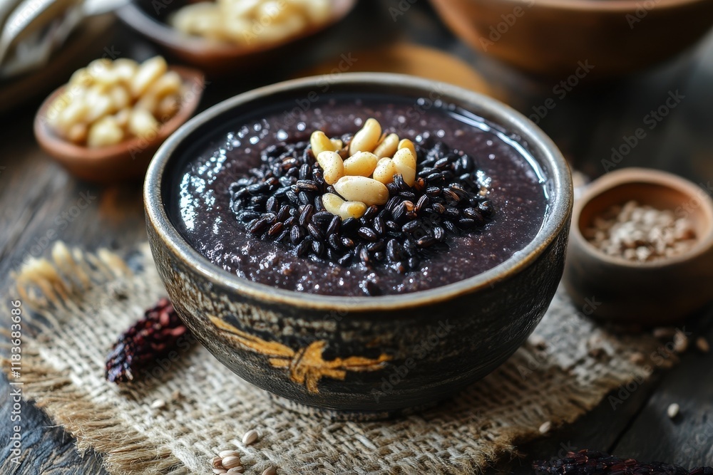 Bubur ketan hitam a sweet Indonesian dessert is made from glutinous black rice porridge Bubur ketan hitam a sweet Indonesian dessert is made from glutinous black rice porridge