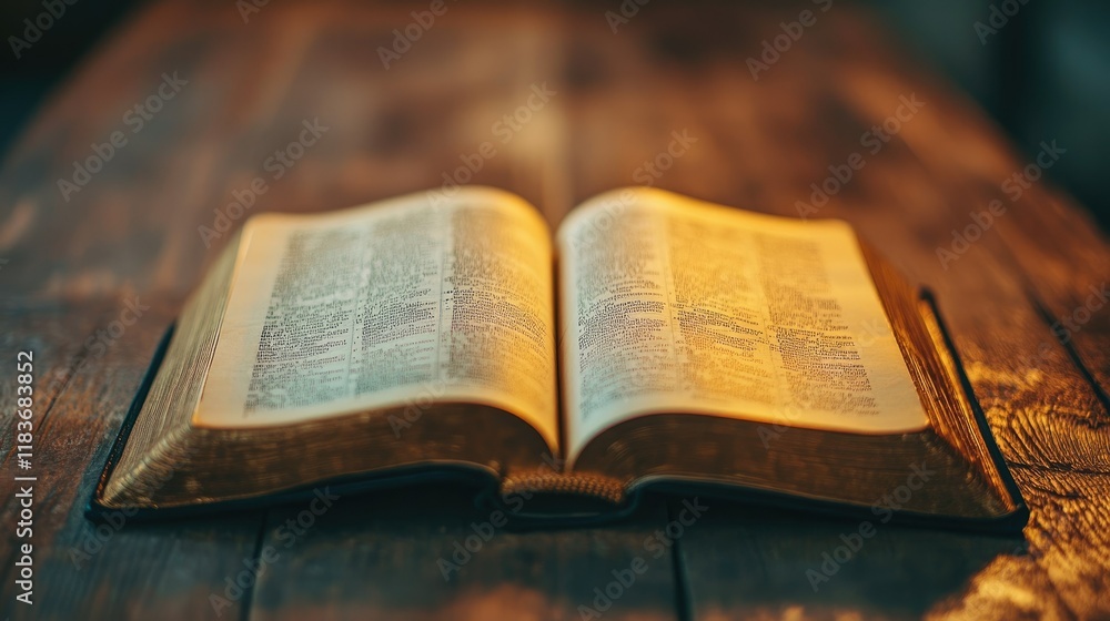 Obraz premium An open book with glowing golden pages, symbolizing knowledge and inspiration, placed on a wooden table