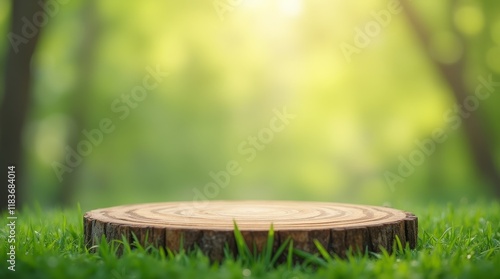 Round wooden stump on green grass in sunlight. Natural outdoor mockup for product display or eco design concept photo