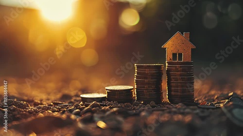 Money coin stack growing graph with house bokeh background, investment concept.Business Finance and Save Money concept