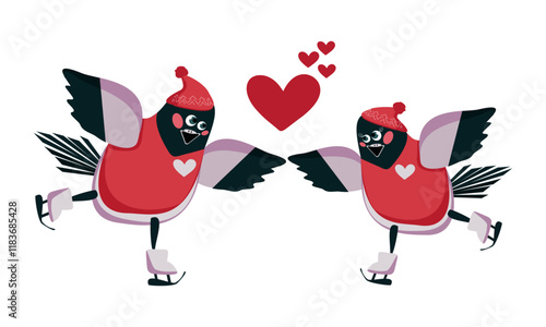Cartoon bullfinches in love on skates. Vector illustration for packaging design, cards, banners, prints for clothes