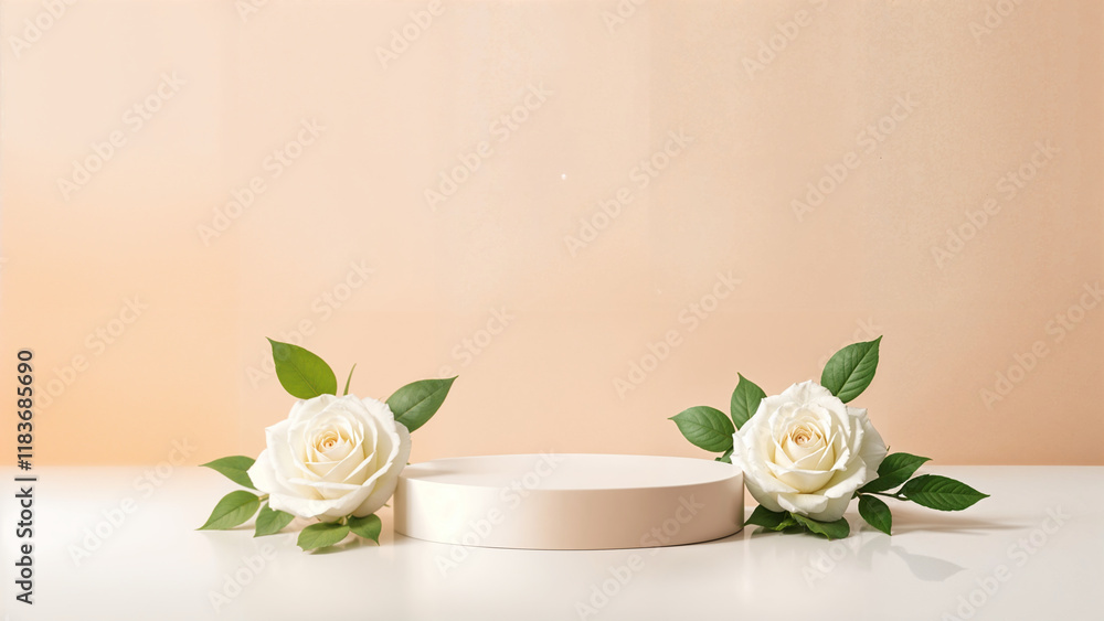 Blank podium with roses on pink background. Showcase for product, perfume, jewelry and cosmetic presentation Blank podium with roses on pink background. Showcase for product, perfume, jewelry and cosmetic presentation