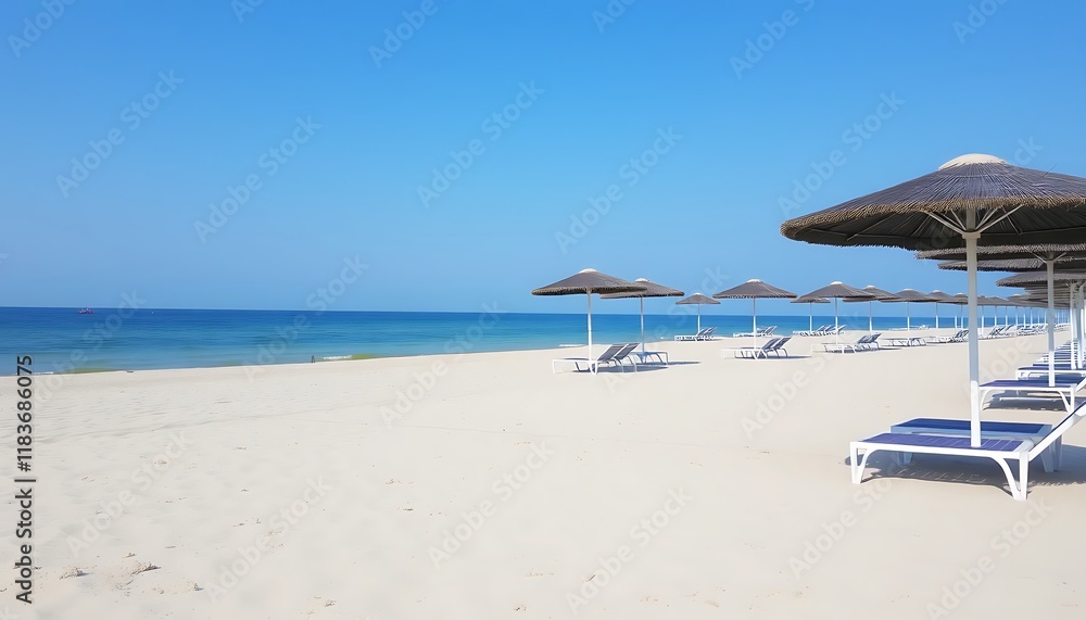 Serene Beach Scene Straw Umbrellas White Loungers Blue Ocean Serene Beach Scene Straw Umbrellas White Loungers Blue Ocean