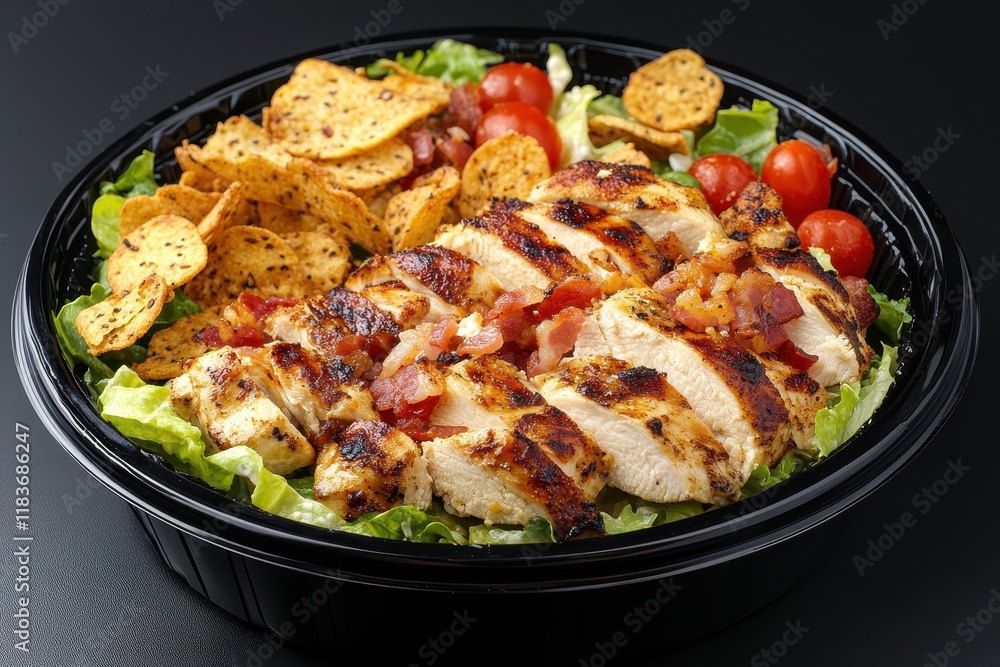 Caesar salad topped with grilled chicken mixed greens cherry tomatoes Hungarian bacon ciabatta chips with spicy butter Parmesan and Caesar dressing Caesar salad topped with grilled chicken mixed greens cherry tomatoes Hungarian bacon ciabatta chips with spicy butter Parmesan and Caesar dressing