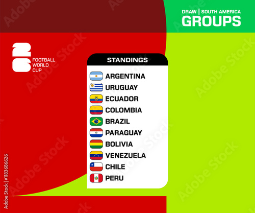 Table of South American countries participating in the qualification for the 2026 World Cup on an abstract figure background.Icons with participant flags