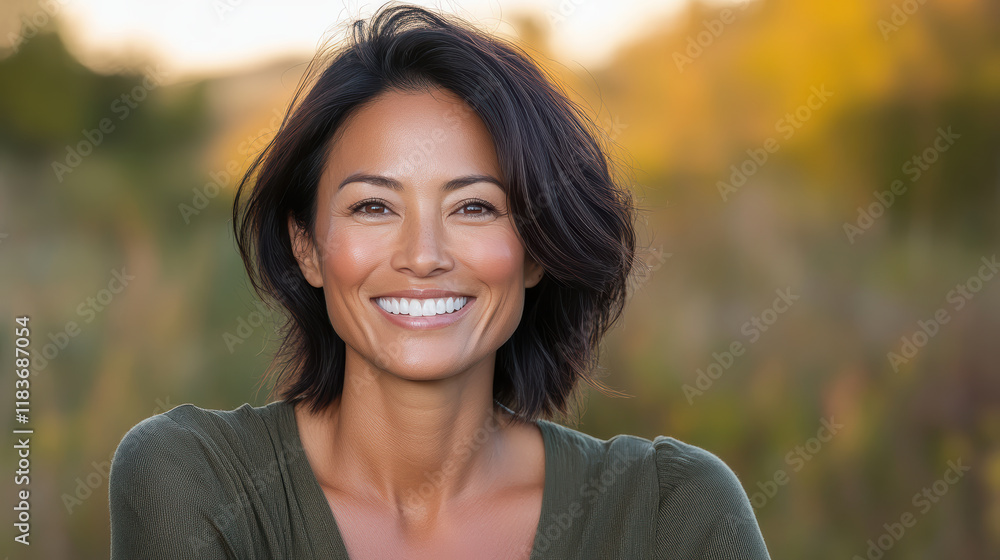 smiling woman with dark hair in natural outdoor setting smiling woman with dark hair in natural outdoor setting